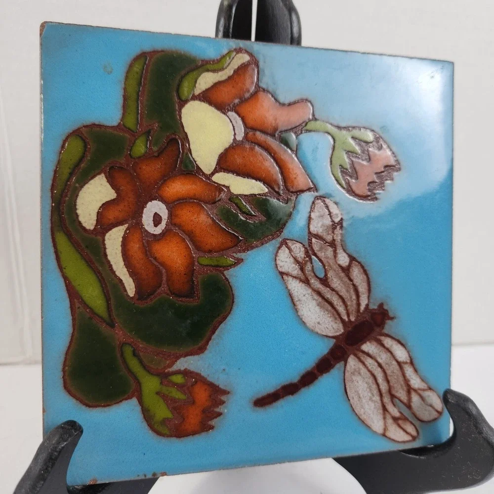 Dragonfly and Flowers Hand Painted Clay Tile Art w Fired Glazed Finish 6x6